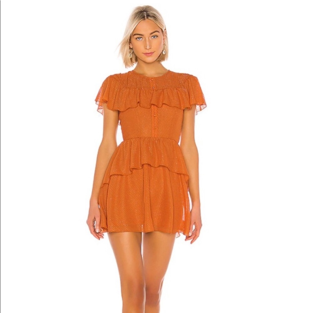 House of Harlow X Revolve Mini Dress Ruffle Cap Sleeves Tiered Orange Size Small